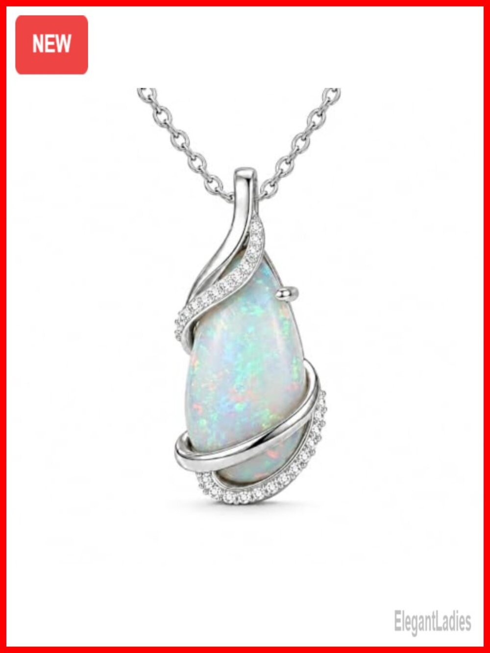 14K White Gold Plated Teardrop White Opal Pendant Necklace Gift for Her
